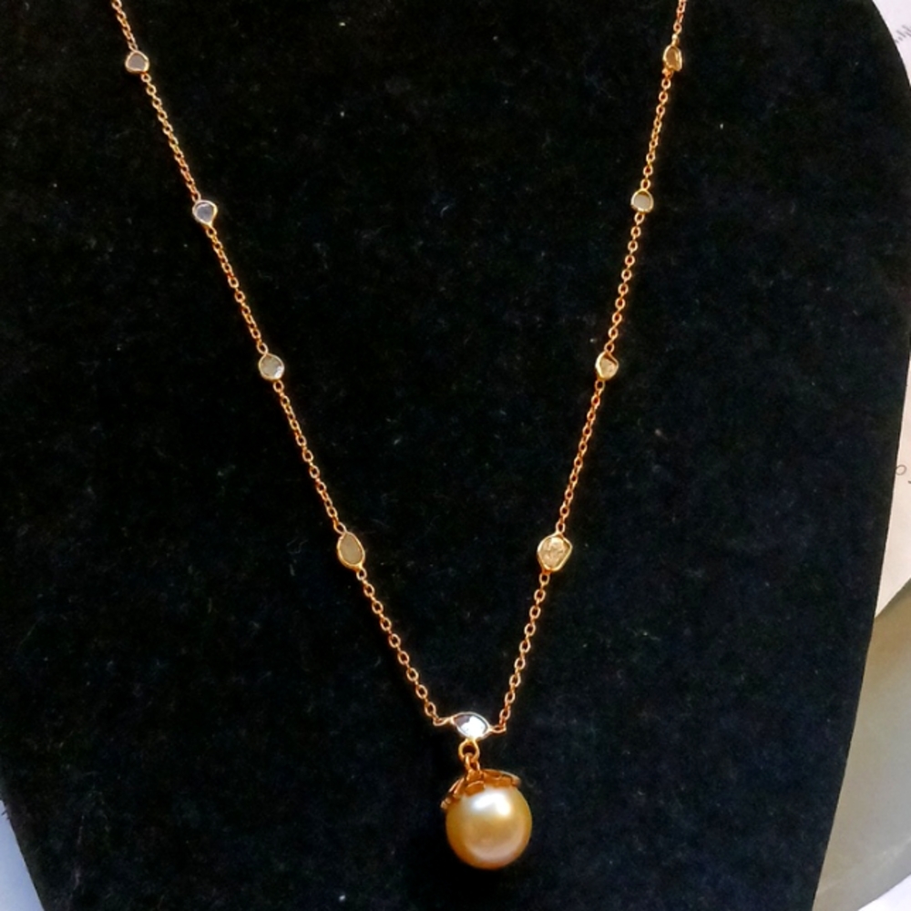 Artisan crafted South Sea golden cultured Pearl 11-12 mm, Polki necklace.